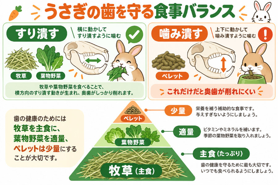 うさぎの歯を守るための食事バランス。牧草が主食でペレットは少なめ