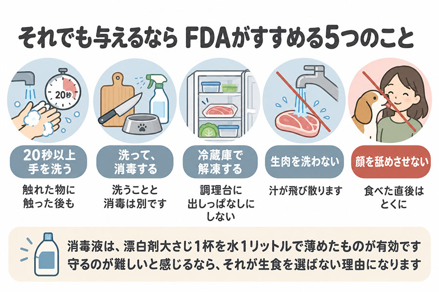 生肉を扱うときにFDAが推奨する手順。20秒以上の手洗い、器具の洗浄と消毒、冷蔵庫での解凍、食べ残しの処理、顔を舐めさせない