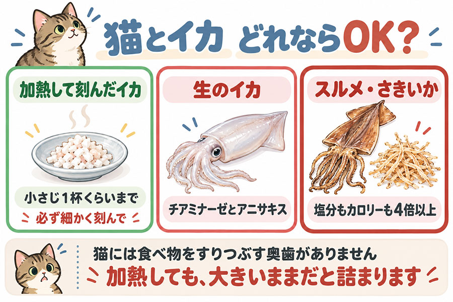 猫にイカを与えるときの可否。加熱した身は少量なら大丈夫、生のイカとスルメは与えない