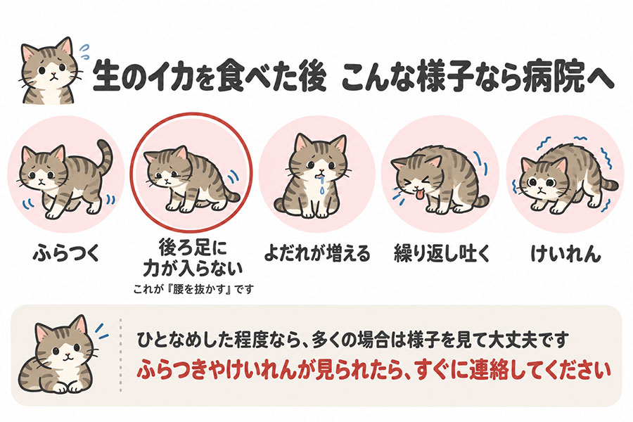 猫が生のイカを食べた後に見られたら動物病院へ。ふらつく、後ろ足に力が入らない、よだれが増える、繰り返し吐く、けいれん