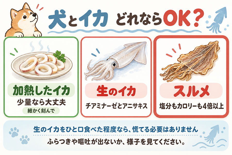 犬にイカを与えるときの可否。加熱した身は少量なら与えてよい、生のイカとスルメは与えない