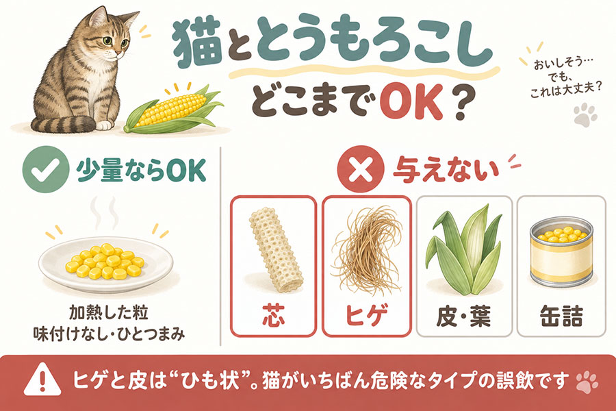 猫にとうもろこしを与えるときの部位別の可否。加熱した粒は少量なら与えてよい、芯・ヒゲ・皮・葉は与えない、缶詰やバター醤油の味付けは与えない