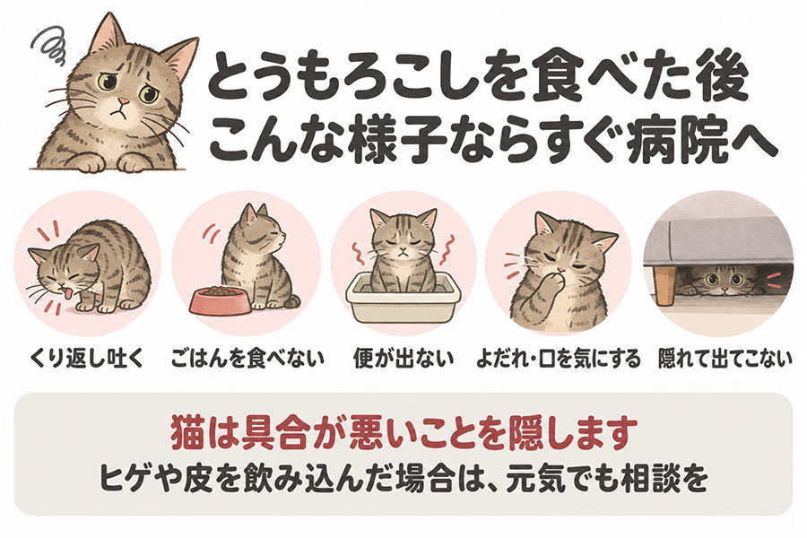 とうもろこしを食べた猫に見られたらすぐに動物病院を受診すべき症状。繰り返し吐く、食欲がない、便が出ない、よだれ、ぐったりしている