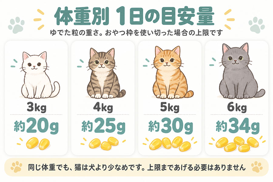 猫の体重別のとうもろこしの目安量。3kgで約20g、4kgで約25g、5kgで約30g、6kgで約34g