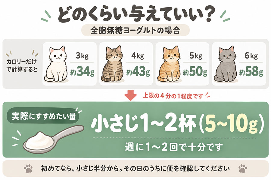 猫にヨーグルトを与えるときの量。カロリー上は4kgで約43gだが、実際は小さじ1から2杯で十分