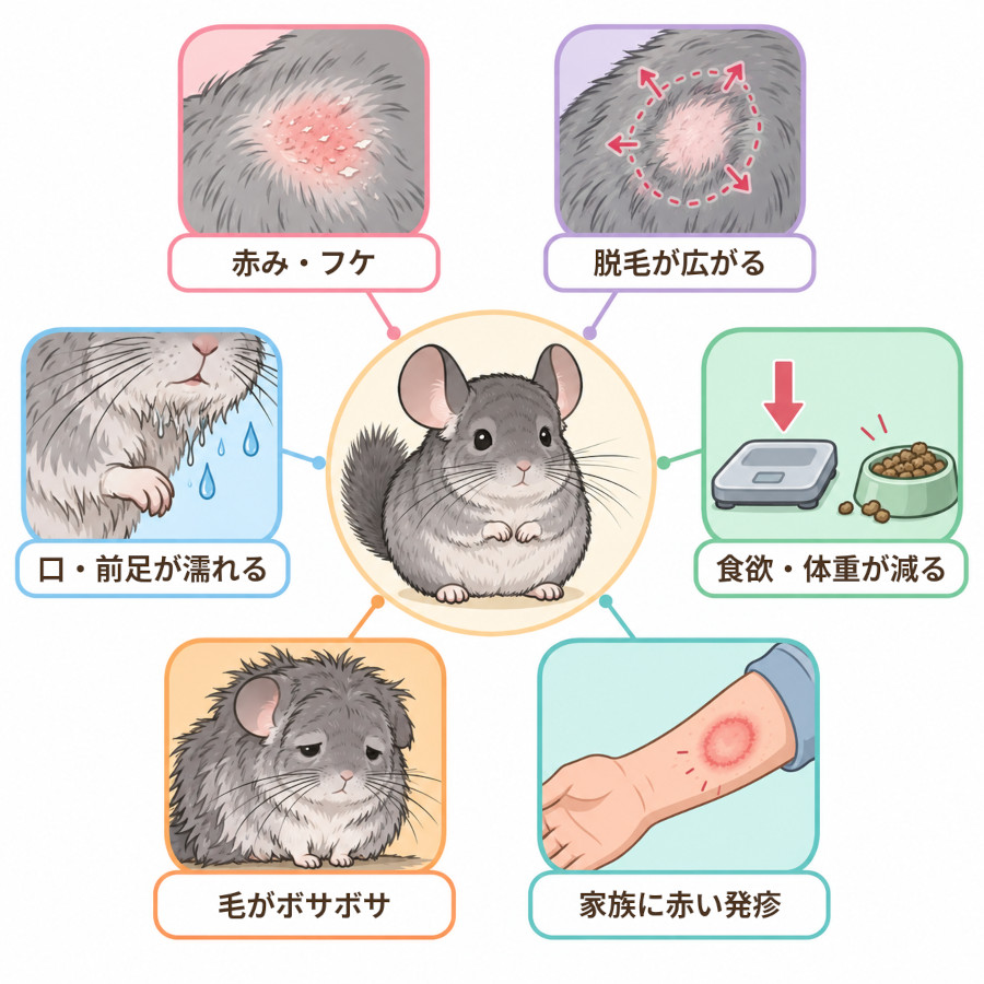 チンチラの脱毛で動物病院への相談を考えたいサイン。脱毛部分の赤みやかさぶた、脱毛の広がり、口まわりやあご・前足の濡れ、食欲低下や体重減少、毛並みの悪化、家族の皮膚の発疹