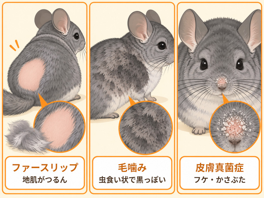 チンチラの脱毛3タイプの見分け方。地肌がつるんとしたファースリップ、毛が短く虫食い状の毛噛み、フケやかさぶたを伴う皮膚真菌症の比較