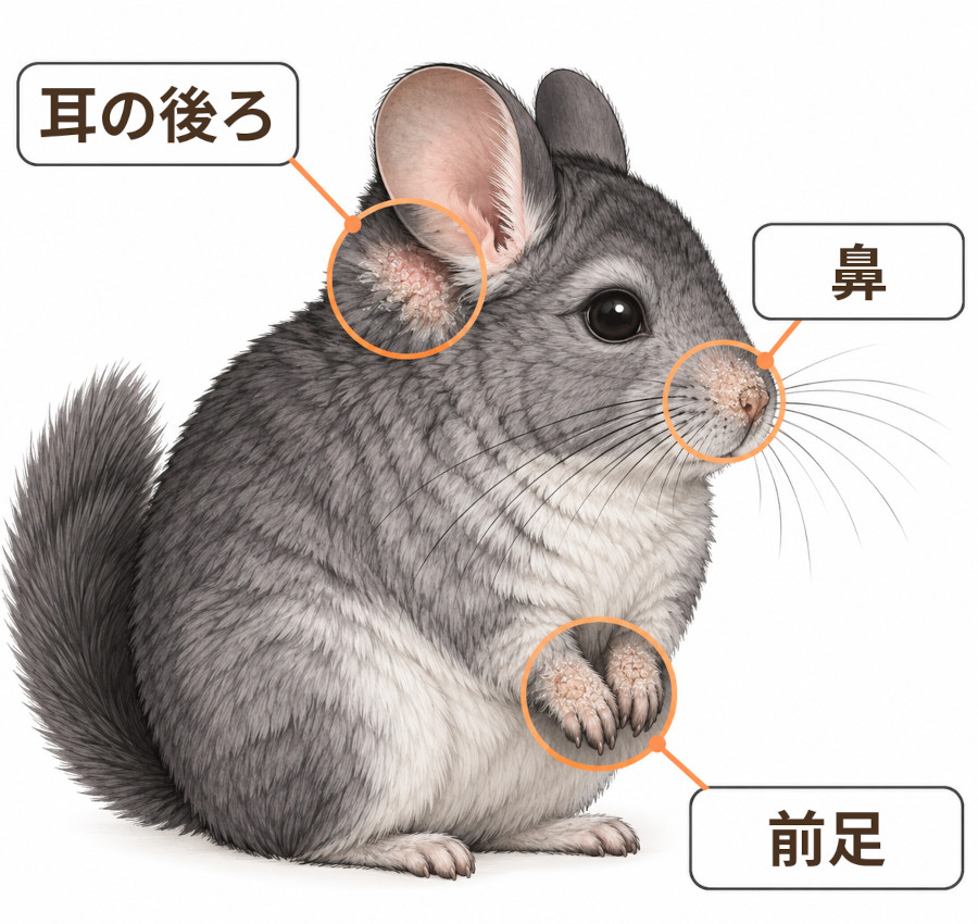 チンチラの皮膚真菌症が出やすい場所。鼻、耳の後ろ、前足にフケを伴う小さな脱毛が見られる