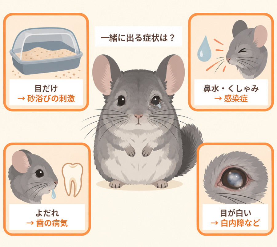 チンチラの目やにの原因を、一緒に出ている症状で見分ける図。目だけの症状は砂浴びの砂の刺激、鼻水・くしゃみ・元気がないときは感染症、よだれ・あごの濡れ・食べ方の変化は歯の病気、目が白い・しょぼしょぼするときは白内障や角膜の傷