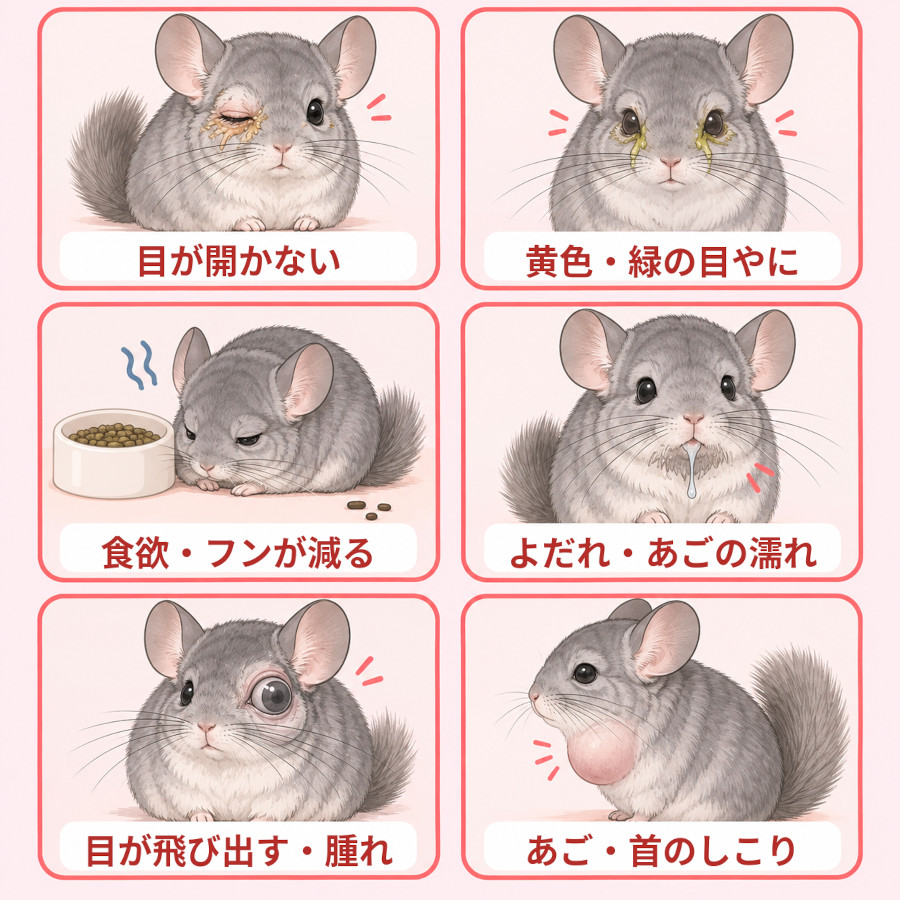 チンチラの目やにで早めに動物病院へ相談したいサイン。目やにで目が開かない、黄色や緑の膿のような目やに、食欲が落ちてフンが減る、よだれやあごの濡れ、目が飛び出して見える・目のまわりが腫れる、あごや首のしこり