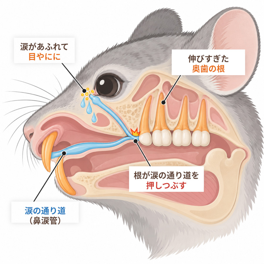 チンチラの頭の断面図。伸びすぎた奥歯の根が上に伸びて涙の通り道を圧迫し、涙が鼻へ流れずに目からあふれ、細菌が増えて目やにになるしくみ