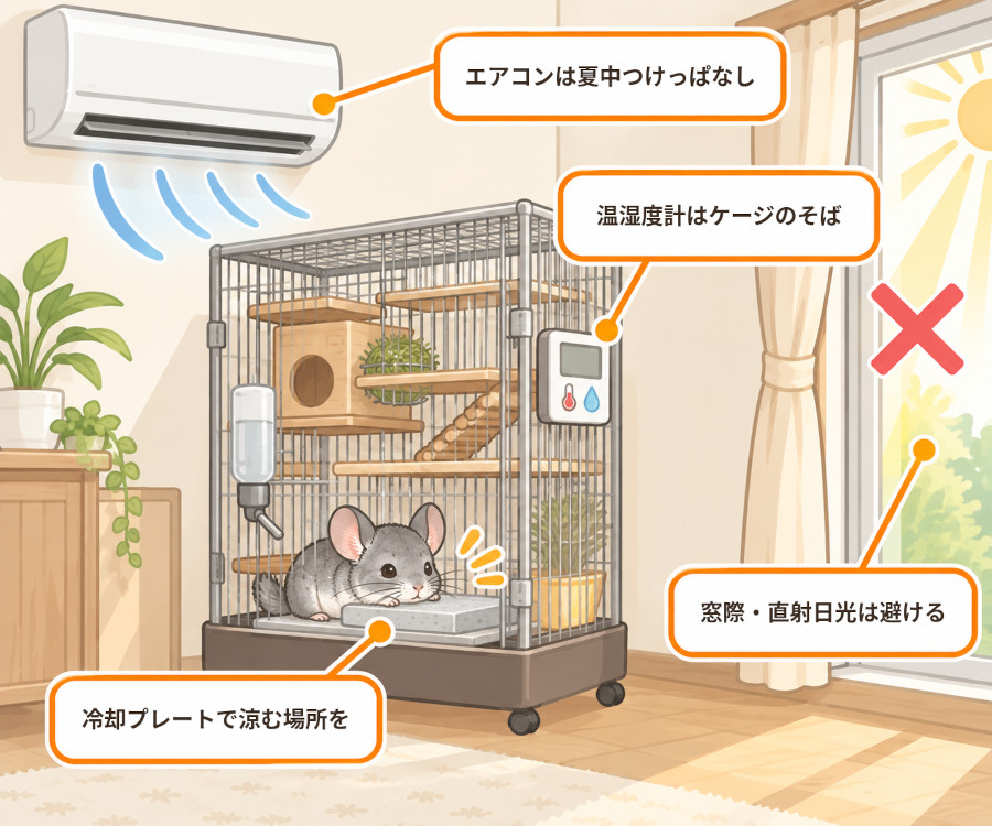 チンチラの夏の部屋づくりのポイント。エアコンで室温と湿度を管理し、温湿度計はケージの近くに置き、窓際や直射日光を避け、ケージに冷却プレートを置く