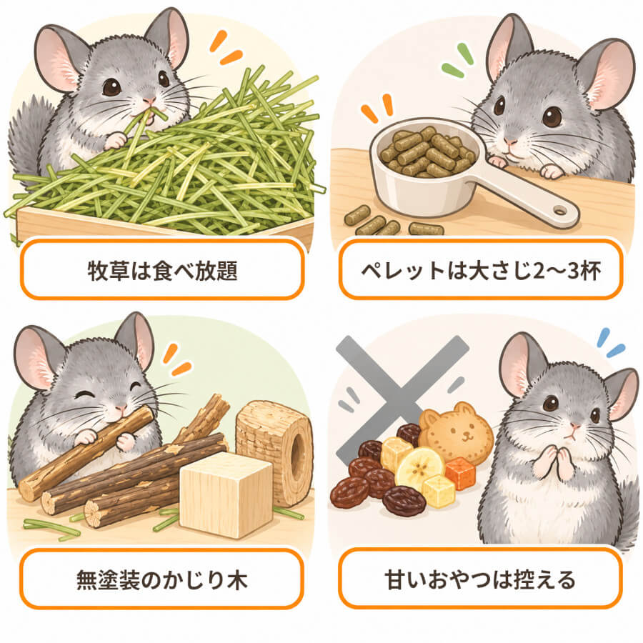 チンチラの歯を守る食事と環境の図解。牧草はいつでも食べ放題、ペレットは1日大さじ2〜3杯まで、無塗装のかじり木を用意、甘いおやつは控える
