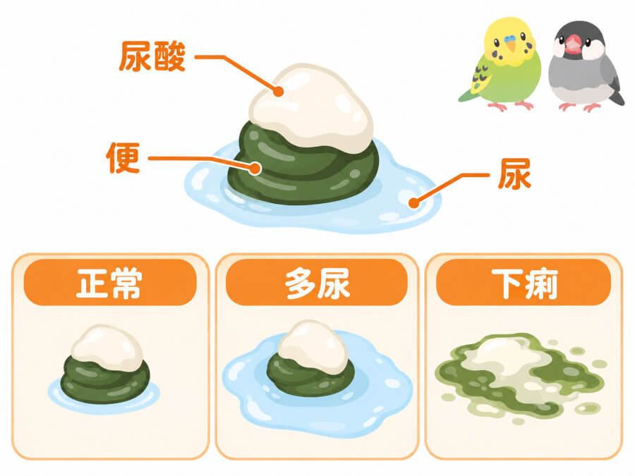 鳥のフンの3つの部分を示した図。緑や茶色の便、白い尿酸、透明な尿。正常なフン、尿が増えた多尿、便が崩れた下痢の3つを並べて比べている