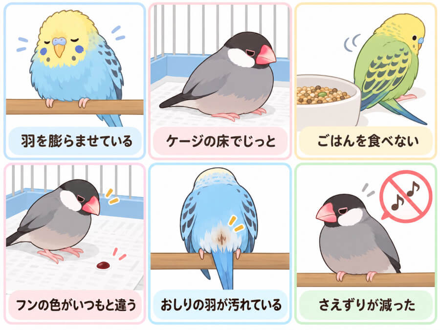インコや文鳥の受診を急ぎたいサインのイラスト。羽を膨らませてじっとしている、ケージの床にいる、ごはんを食べない、フンの色がいつもと違う、おしりの羽が汚れている