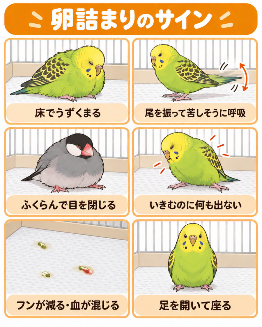 インコ・文鳥の卵詰まりで見られるサイン（床でうずくまる、尾を振る呼吸、ふくらむ、フンが出ない