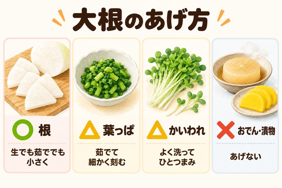 犬に大根をあげるときの部位ごとの扱い。根は生でも茹ででも小さく切る、葉は茹でて細かく刻む、かいわれ大根はよく洗ってひとつまみ、漬物やおでんはあげない