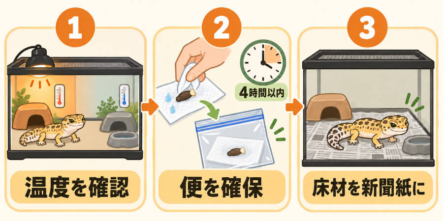 下痢に気づいたときに家でできることの図。温度計でケージの暖かい側と涼しい側を確認する、湿らせたペーパーで便を包んで袋に入れる、床材を新聞紙に替えてフンを観察しやすくする、の3つ