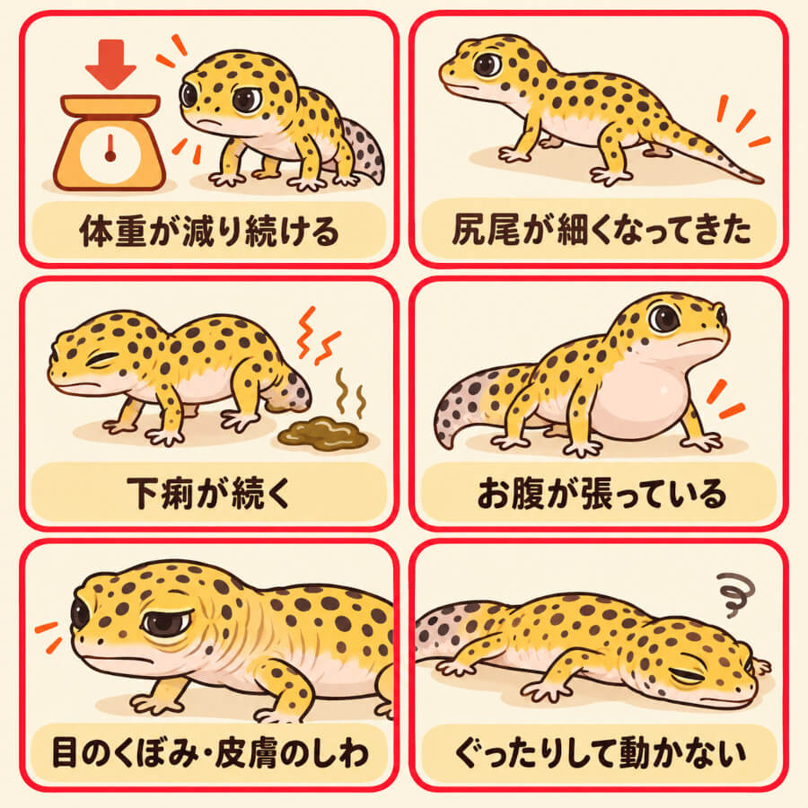 レオパの拒食で動物病院へ相談したいサイン6つ(体重が減り続ける、尻尾が細くなる、下痢、お腹の張り、脱水、ぐったり)