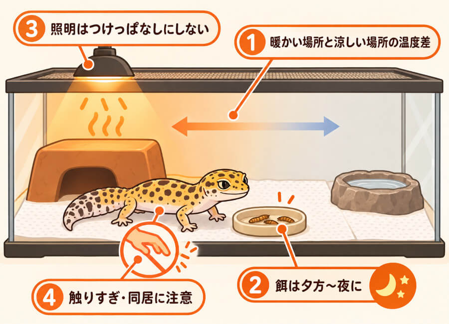 レオパの拒食で見直したい飼育環境4つ(温度差、夕方の給餌、照明のリズム、触りすぎ・同居のストレス)