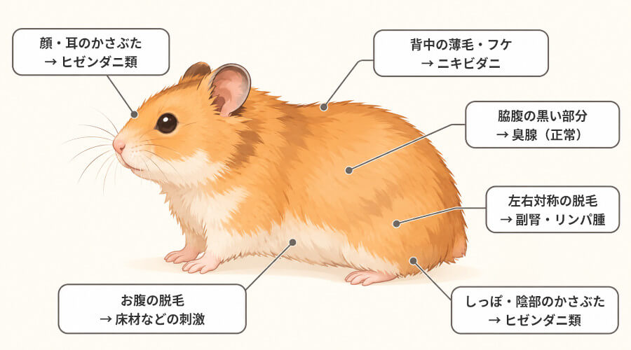 ハムスターの脱毛の場所と考えられる原因を示した図