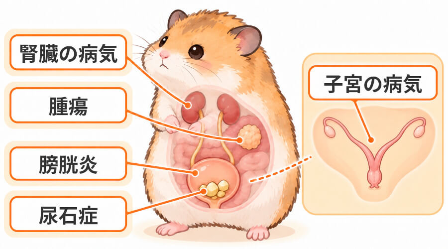 ハムスターの血尿の原因。オスメス共通の膀胱炎・尿石症・腎臓の病気・腫瘍と、メスのみの子宮の病気