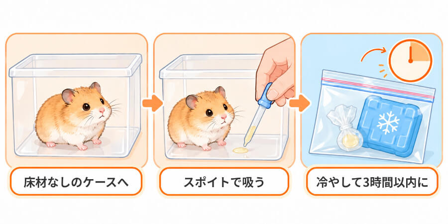 ハムスターの尿の採り方。床材なしのケースに入れ、スポイトで採り、冷やして3時間以内に動物病院へ