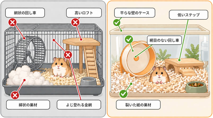 ハムスターの骨折を防ぐケージ環境の比較（危ない例と安全な例）