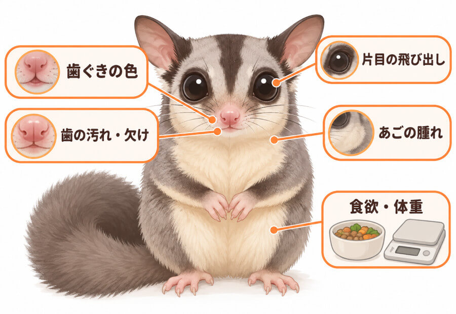 フクロモモンガの歯のトラブルに気づくチェックポイントのイラスト。歯ぐきの色、歯石、あごの腫れ、片目の飛び出し、食欲と体重の5か所