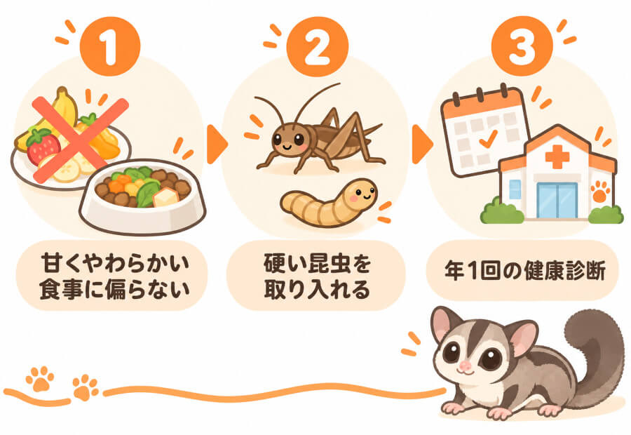 フクロモモンガの歯周病を防ぐ3つのポイントの図。甘くやわらかい食事に偏らない、硬い昆虫を取り入れる、年1回の健康診断