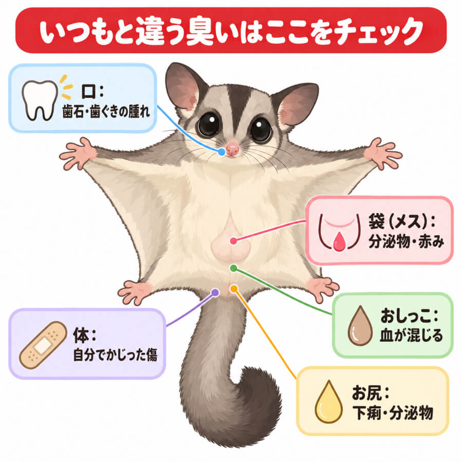 モモンガの臭いが気になる場所別に確認したいポイント。口・お尻・袋・おしっこ・体の傷