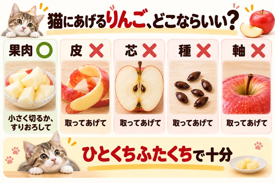 猫にりんごをあげるときの部位ごとの扱い。果肉は小さく切るかすりおろせばよい、皮・芯・種・軸は取り除く