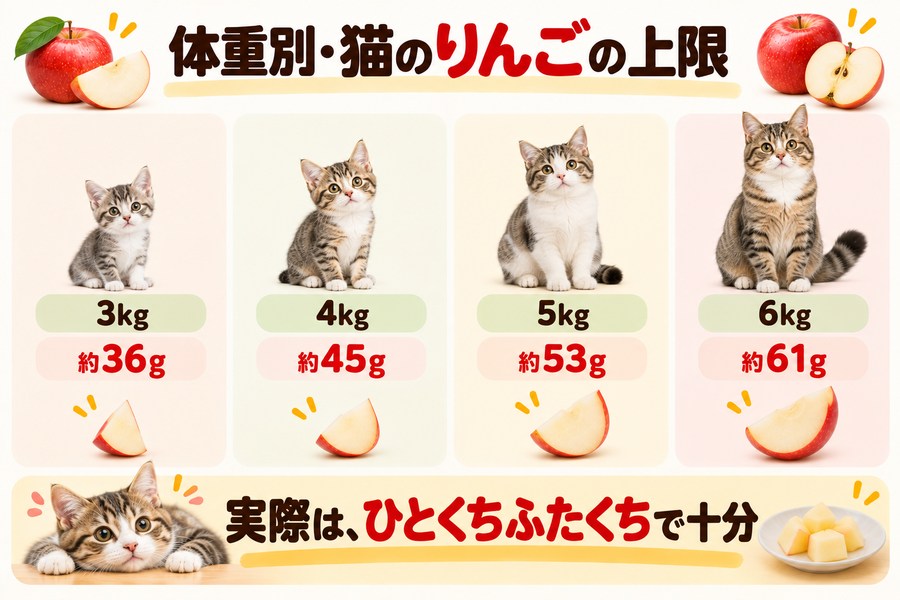 猫の体重別のりんごの上限。3kgで約36g、4kgで約45g、5kgで約53g、6kgで約61g