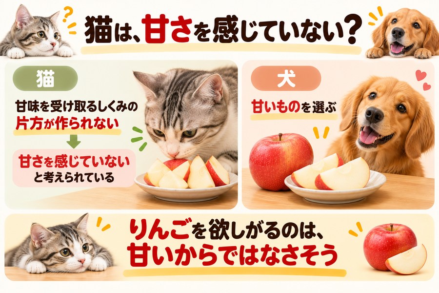 猫は甘味を受け取るしくみの片方が作られないため、甘さを感じていないと考えられている。犬は甘いものを選ぶ