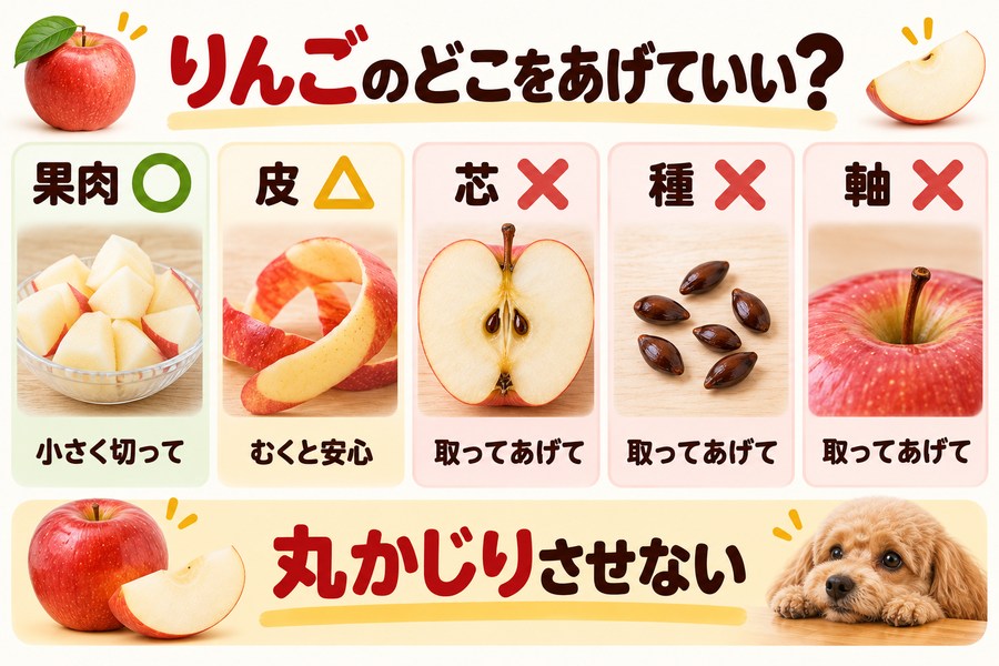 犬にりんごをあげるときの部位ごとの扱い。果肉は小さく切ればよい、皮はむくと安心、種・芯・軸は取り除く
