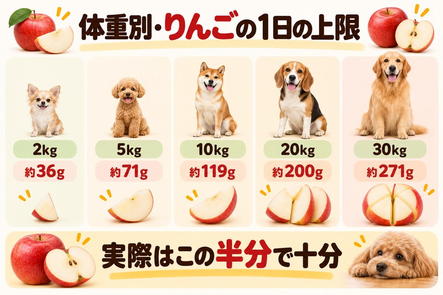 犬の体重別のりんごの上限。2kgで約36g、5kgで約71g、10kgで約119g、20kgで約200g、30kgで約271g
