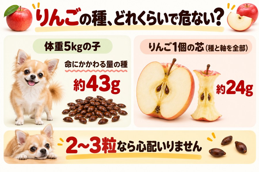 命にかかわる量にあたるりんごの種の重さ。体重5kgの犬で約43g。りんご1個の芯は種と軸を全部合わせて約24g