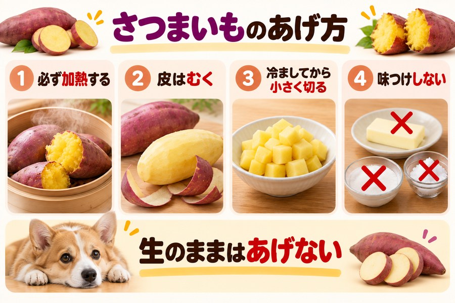 犬にさつまいもをあげるときの注意点。必ず加熱する、皮はむく、冷ましてから小さく切る、味つけしない