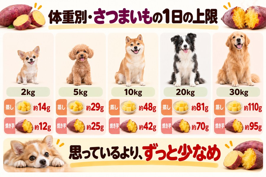 犬の体重別のさつまいもの上限。蒸しは2kgで約14g、5kgで約29g、10kgで約48g。焼き芋は2kgで約12g、5kgで約25g、10kgで約42g