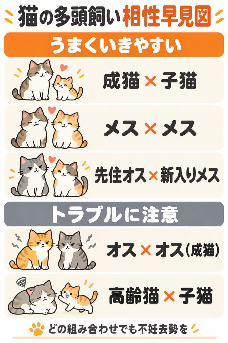 猫の多頭飼いの相性早見図（うまくいきやすい：成猫×子猫・メス×メス・先住オス×新入りメス／注意：オス×オス・高齢猫×子猫）