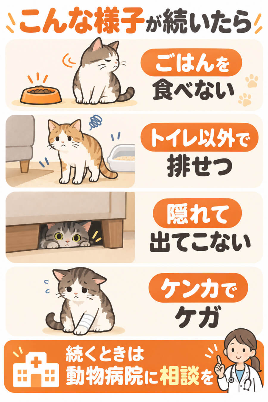 多頭飼いで気をつけたい猫の様子（ごはんを食べない・トイレ以外で排せつ・隠れて出てこない・ケンカのケガ）