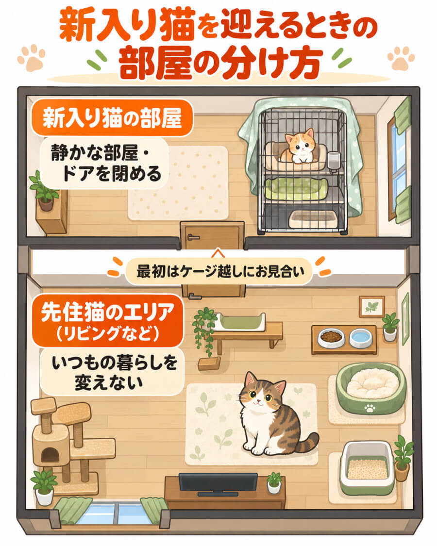 新入り猫を迎えるときのケージの置き方と部屋の分け方