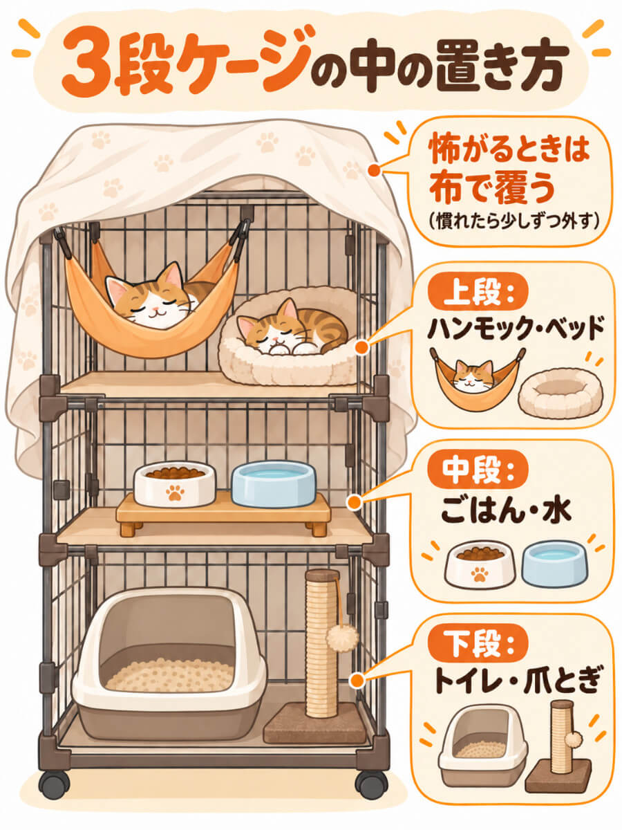 多頭飼いで新入り猫を迎えるときの3段ケージのレイアウト