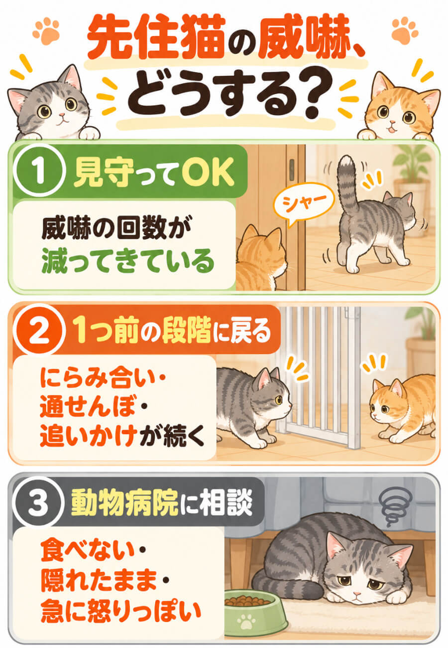先住猫の威嚇への対応の目安(見守ってOK・1つ前に戻る・動物病院に相談)
