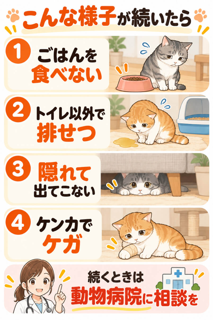 威嚇が続く中で気をつけたい猫の様子(食べない・トイレ以外で排せつ・隠れて出てこない・ケンカのケガ)