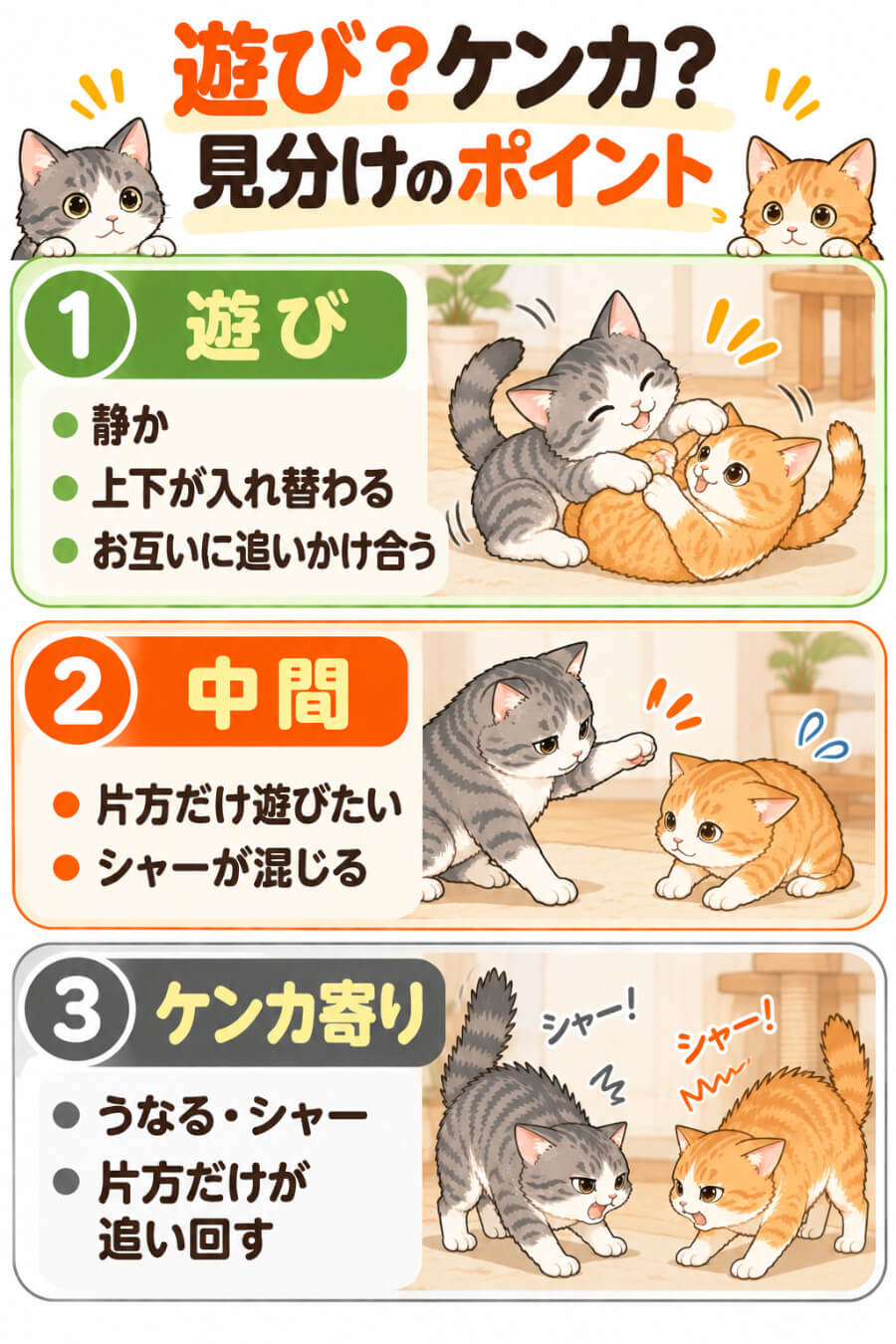 猫同士のじゃれ合いの見分け方（遊び・中間・ケンカ寄り）