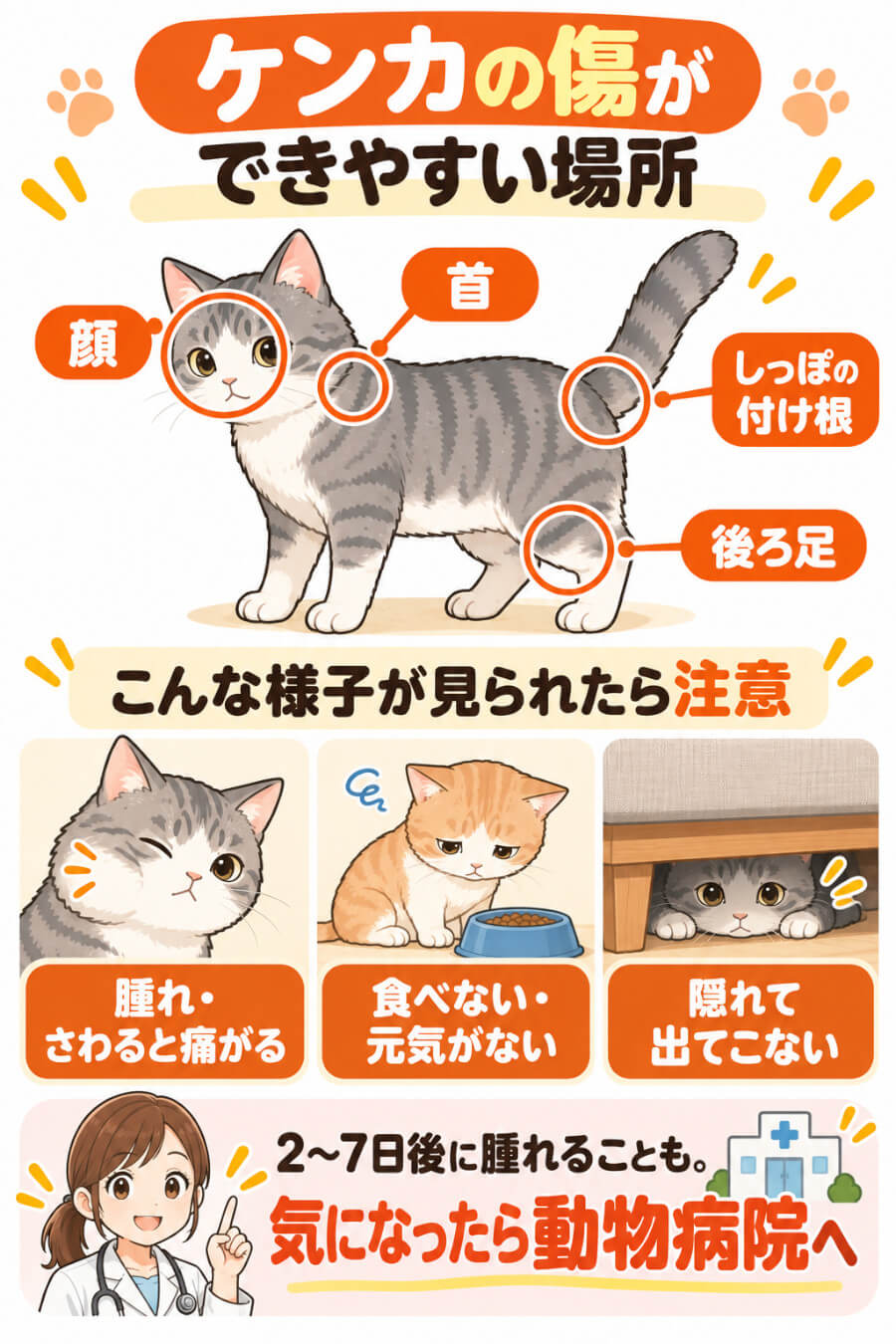 猫同士のケンカのあとに気をつけたい様子（腫れ・食欲がない・隠れて出てこない）と傷ができやすい場所