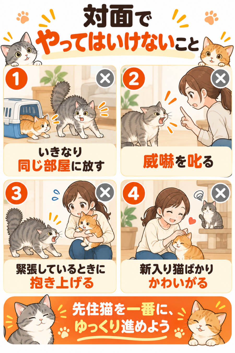対面でやってはいけないこと（いきなり同じ部屋に放す・威嚇を叱る・緊張しているときに抱き上げる・新入り猫ばかりかわいがる）