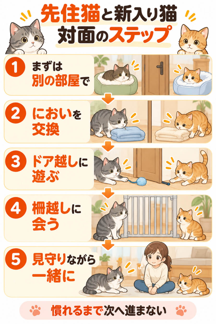 先住猫と新入り猫の対面ステップ（別の部屋で慣らす・においを交換・ドア越しに遊ぶ・柵越しに会う・見守りながら一緒に）