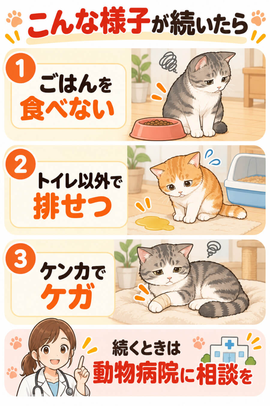 対面の時期に気をつけたい猫の様子（ごはんを食べない・トイレ以外で排せつ・ケンカでケガ）